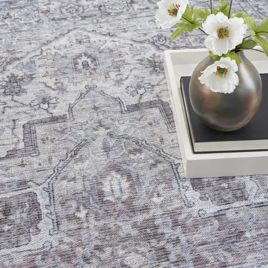 Ivory and Gray Floral Medallion Power Loom Distressed Area Rug Photo 9