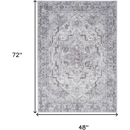 Ivory and Gray Floral Medallion Power Loom Distressed Area Rug Photo 3