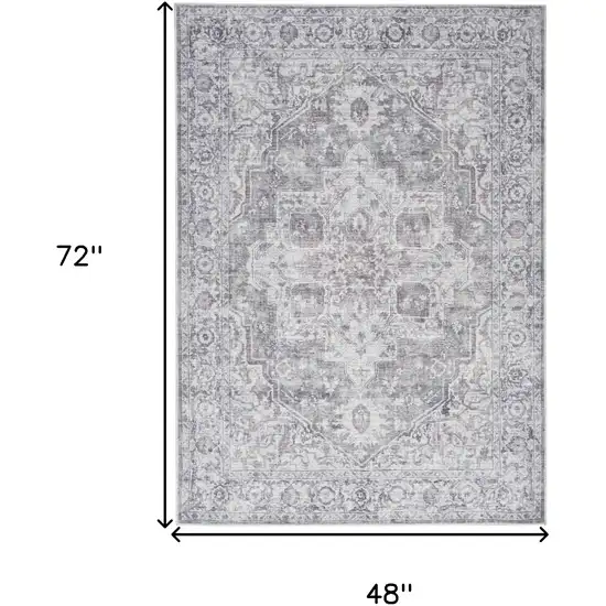 Ivory and Gray Floral Medallion Power Loom Distressed Area Rug Photo 3