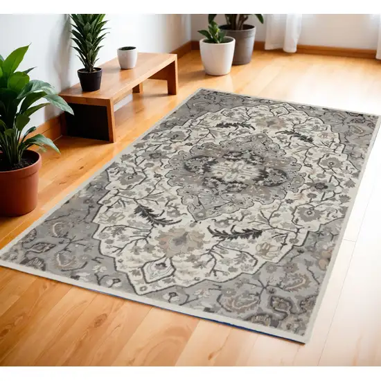 Ivory and Gray Floral Non Skid Area Rug Photo 1