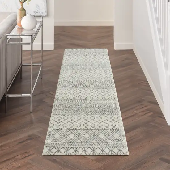 10' Gray And Ivory Geometric Runner Rug Photo 5