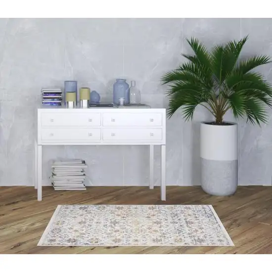 Ivory and Gray Oriental Power Loom Distressed Area Rug With Fringe Photo 2