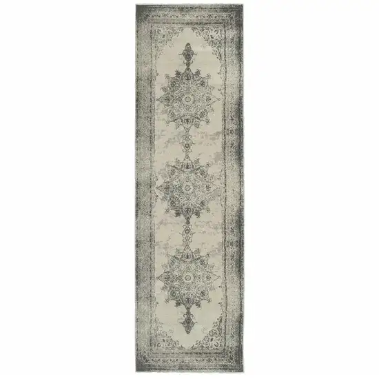 Ivory and Gray Pale Medallion Runner Rug Photo 4