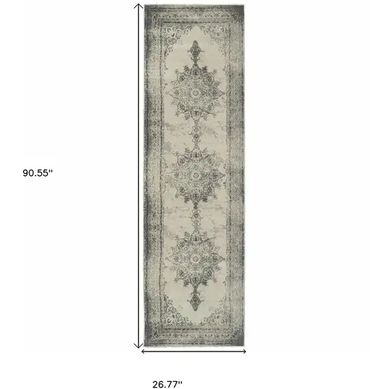 Ivory and Gray Pale Medallion Runner Rug Photo 5