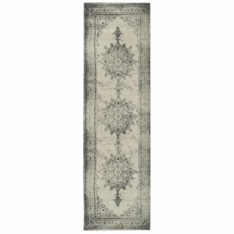 Ivory and Gray Pale Medallion Runner Rug Photo 1