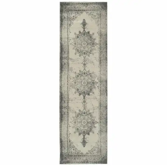 Ivory and Gray Pale Medallion Runner Rug Photo 1