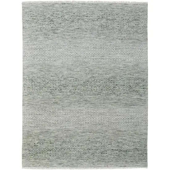 Ivory and Green Wool Hand Knotted Area Rug With Fringe Photo 4