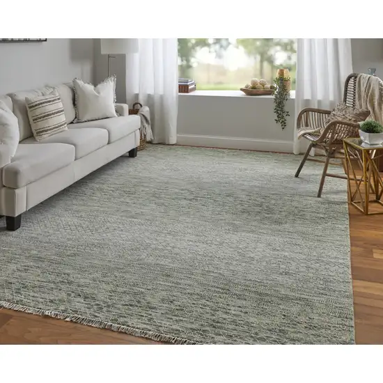 Ivory and Green Wool Hand Knotted Area Rug With Fringe Photo 7