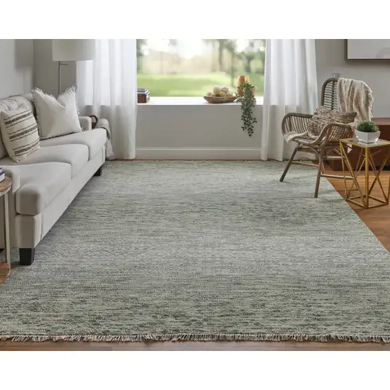 Ivory and Green Wool Hand Knotted Area Rug With Fringe Photo 6