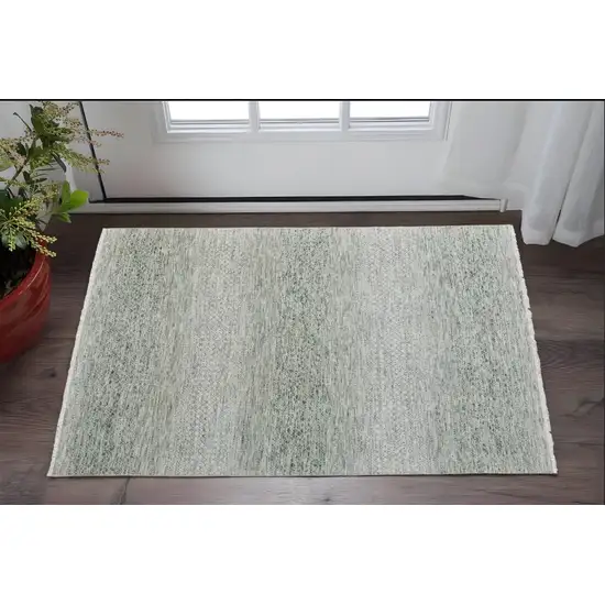 Ivory and Green Wool Hand Knotted Area Rug With Fringe Photo 1