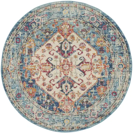 4' Blue And Ivory Round Power Loom Area Rug Photo 3