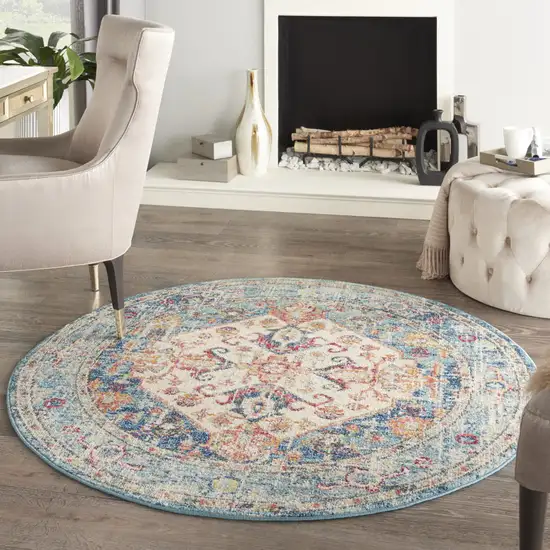 4' Ivory And Blue Oriental Distressed Round Rug Photo 9