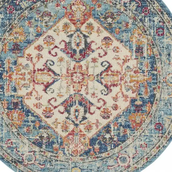 4' Ivory And Blue Oriental Distressed Round Rug Photo 7