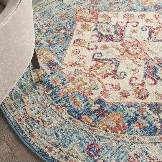 4' Blue And Ivory Round Power Loom Area Rug Photo 7