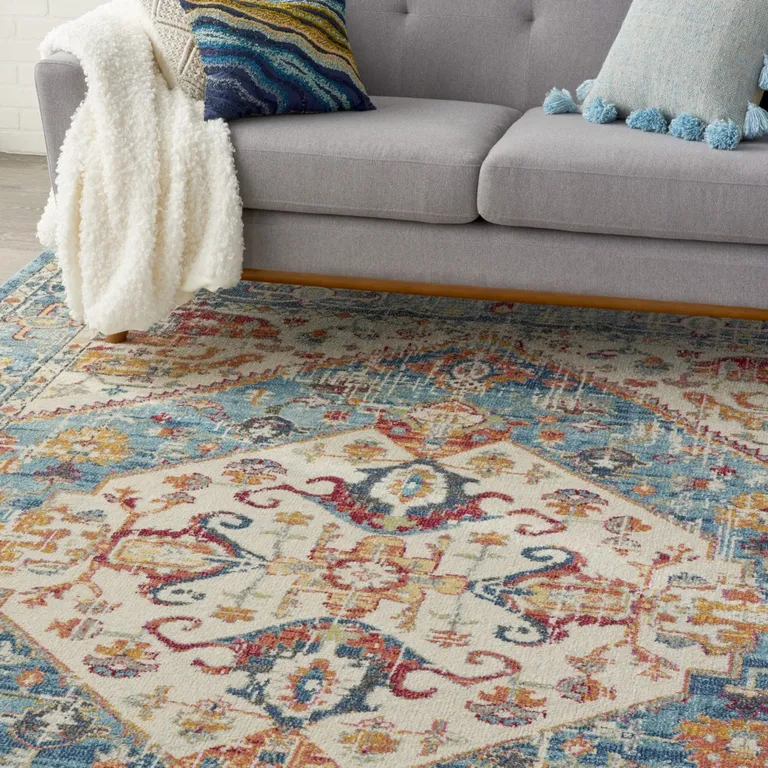 Ivory and Light Blue Distressed Area Rug Photo 3