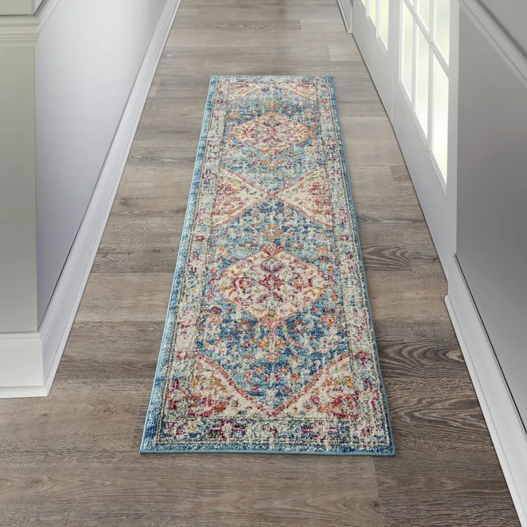 Ivory and Light Blue Distressed Runner Rug Photo 2