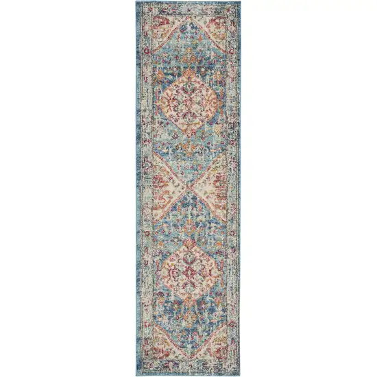 8' Ivory And Blue Oriental Distressed Runner Rug Photo 1