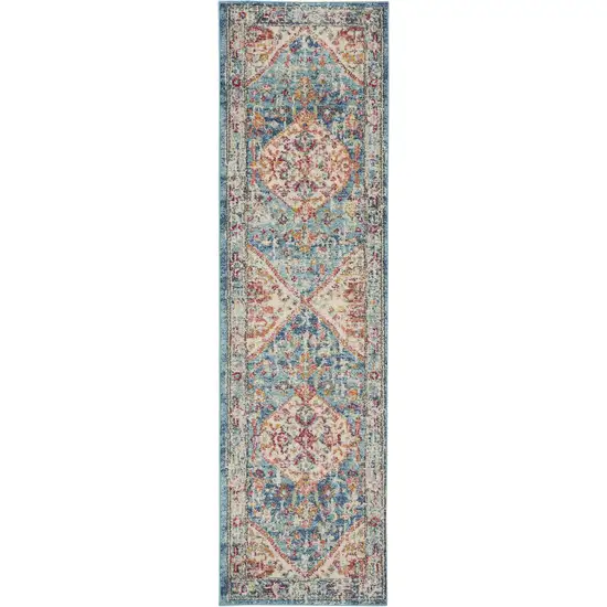 Ivory and Light Blue Distressed Runner Rug Photo 1