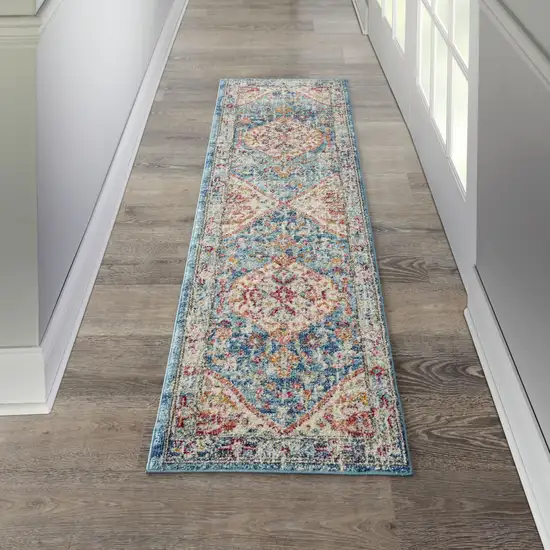 8' Ivory And Blue Oriental Distressed Runner Rug Photo 8