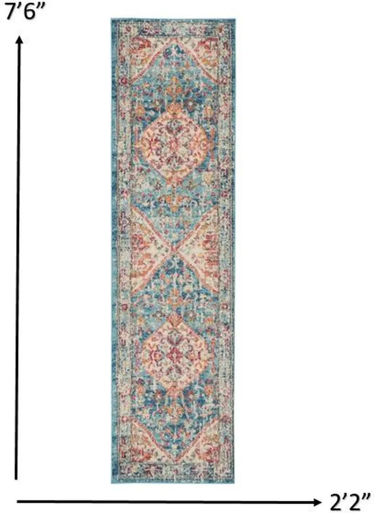 Ivory and Light Blue Distressed Runner Rug Photo 1