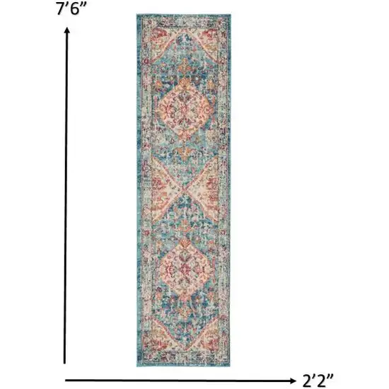 Ivory and Light Blue Distressed Runner Rug Photo 4