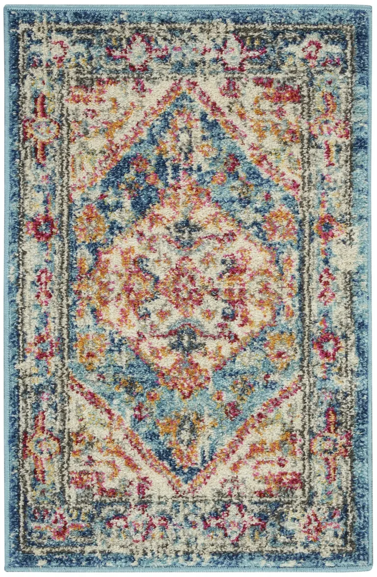 Ivory and Light Blue Distressed Scatter Rug Photo 1