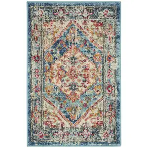 Photo of Ivory and Light Blue Distressed Scatter Rug