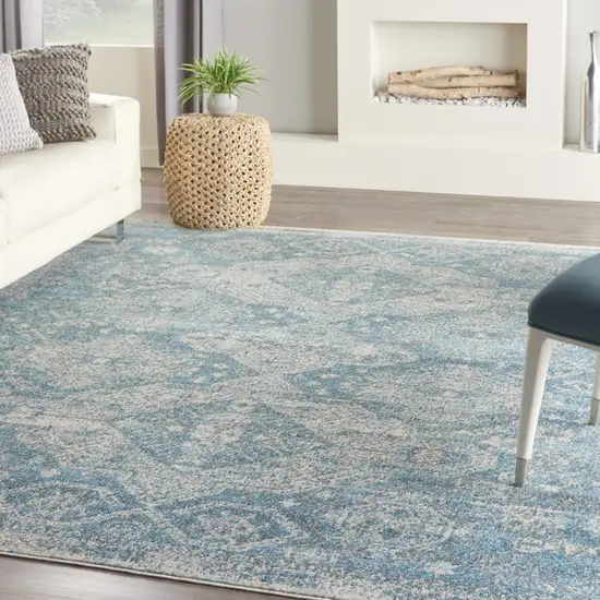 Ivory and Light Blue Geometric Distressed Area Rug Photo 9