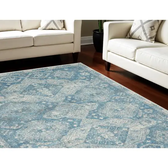 Ivory and Light Blue Medallion Distressed Area Rug Photo 1