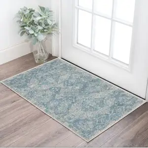 Photo of Ivory and Light Blue Oriental Distressed Area Rug