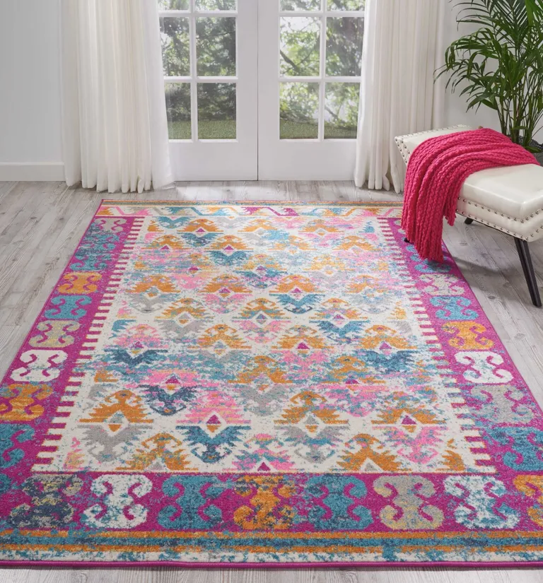 Ivory and Magenta Tribal Pattern Area Rug Photo 5