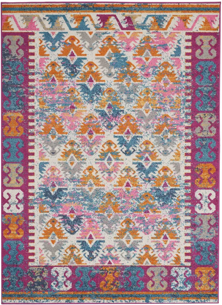 Ivory and Magenta Tribal Pattern Area Rug Photo 1