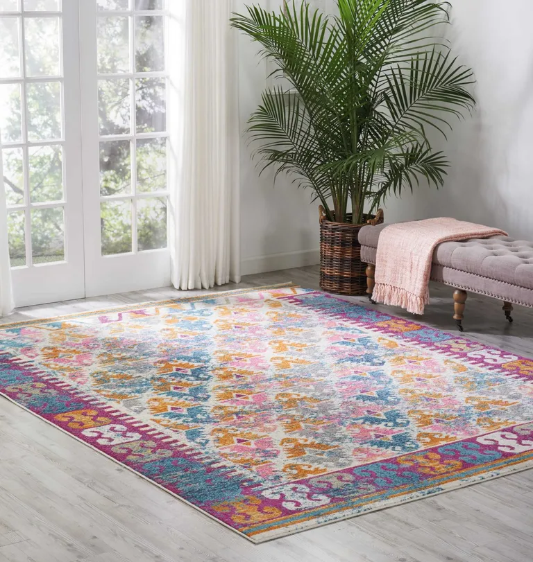 Ivory and Magenta Tribal Pattern Area Rug Photo 5