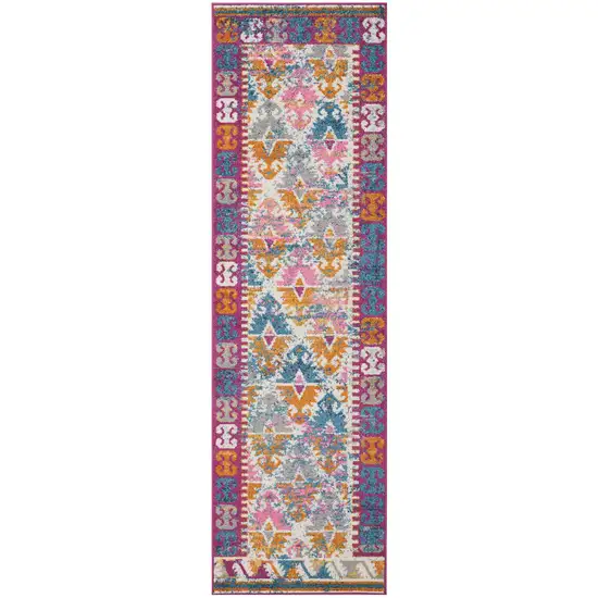 8' Ivory And Magenta Geometric Runner Rug Photo 3