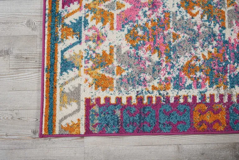 Ivory and Magenta Tribal Pattern Runner Rug Photo 3