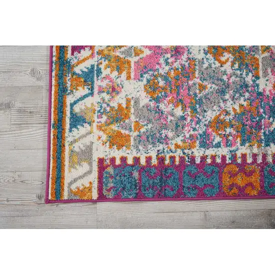 Ivory and Magenta Tribal Pattern Runner Rug Photo 3