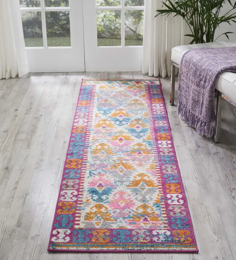 Ivory and Magenta Tribal Pattern Runner Rug Photo 5