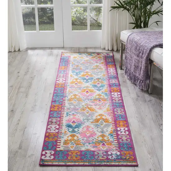 Ivory and Magenta Tribal Pattern Runner Rug Photo 5