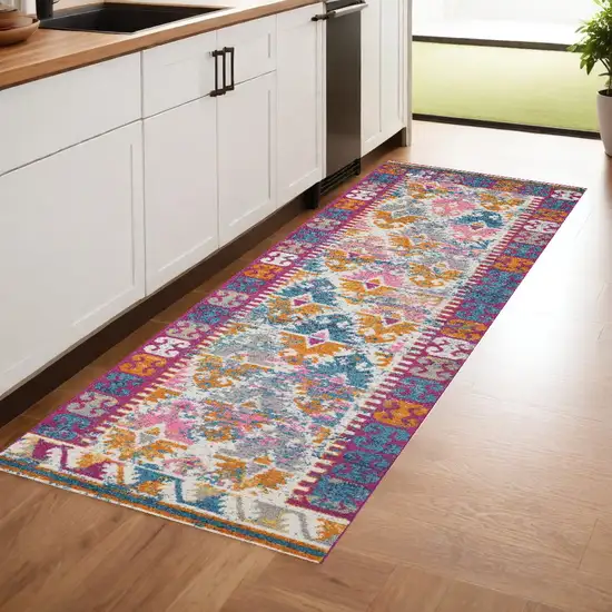 8' Ivory Geometric Power Loom Runner Rug Photo 1