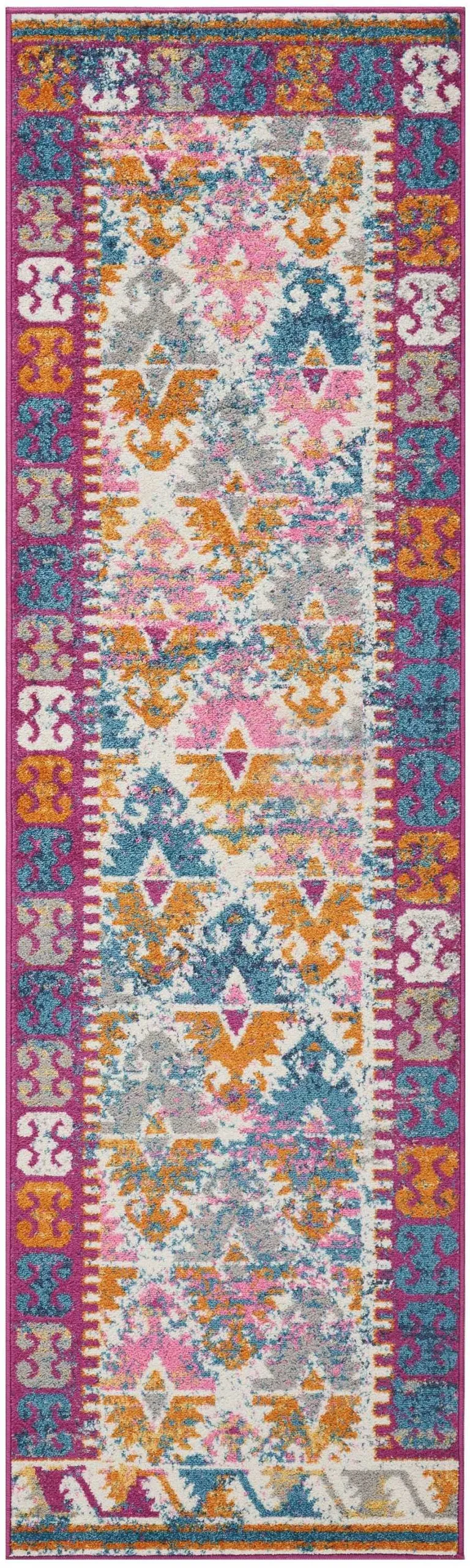 Ivory and Magenta Tribal Pattern Runner Rug Photo 1