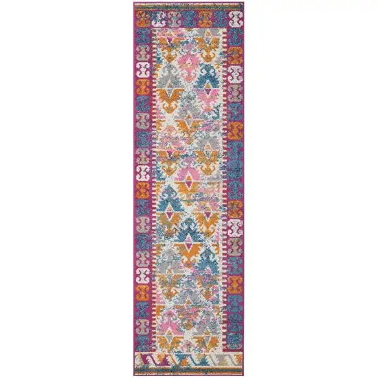 Ivory and Magenta Tribal Pattern Runner Rug Photo 1