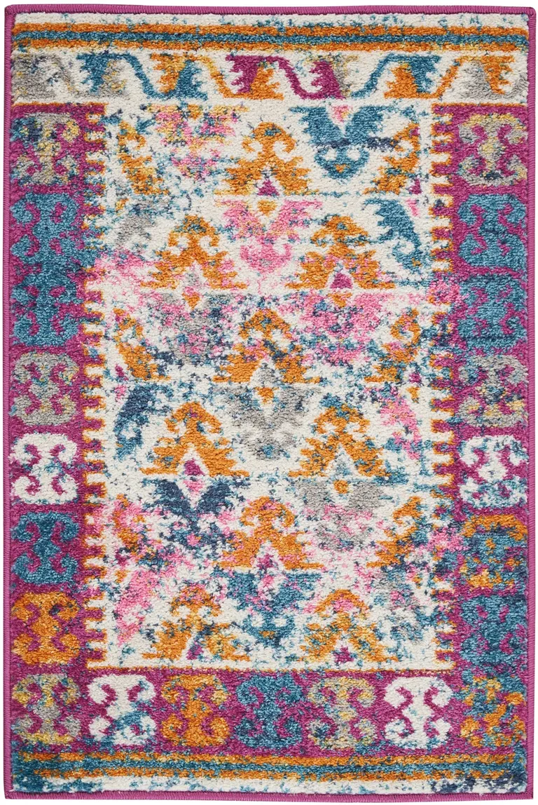 Ivory and Magenta Tribal Pattern Scatter Rug Photo 1