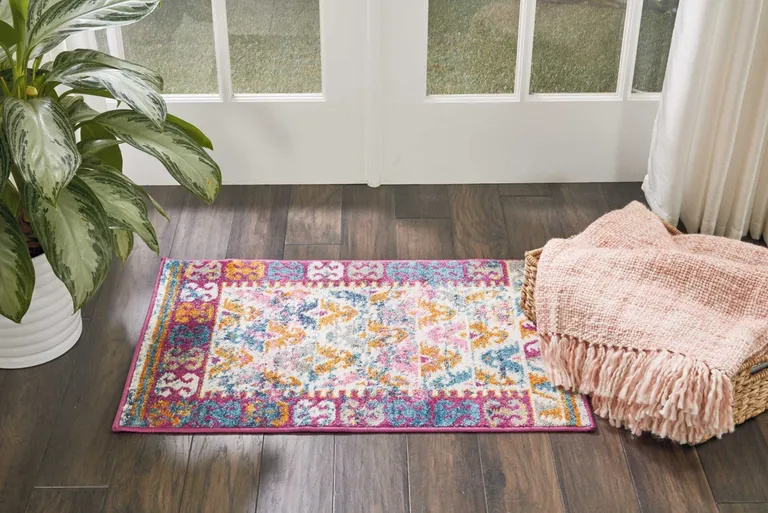 Ivory and Magenta Tribal Pattern Scatter Rug Photo 4