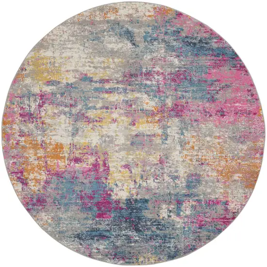 4' Ivory And Blue Abstract Round Rug Photo 2