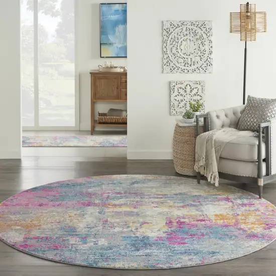 8' Ivory And Blue Abstract Round Rug Photo 9