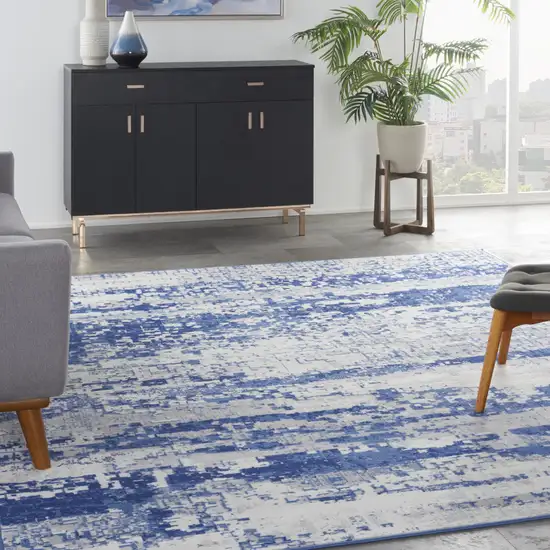 Ivory and Navy Blue Abstract Distressed Non Skid Area Rug Photo 9