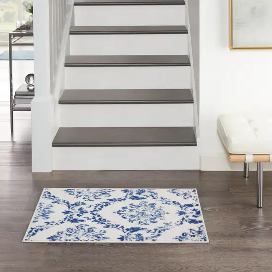 Ivory and Navy Blue Damask Distressed Area Rug Photo 6