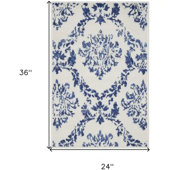 Ivory and Navy Blue Damask Distressed Area Rug Photo 3