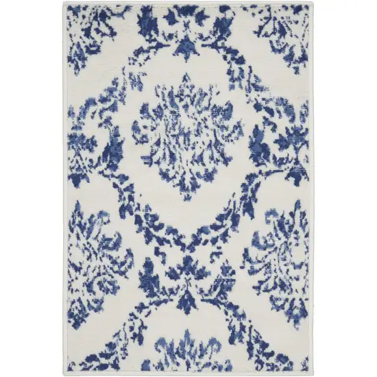 Ivory and Navy Blue Damask Distressed Area Rug Photo 5