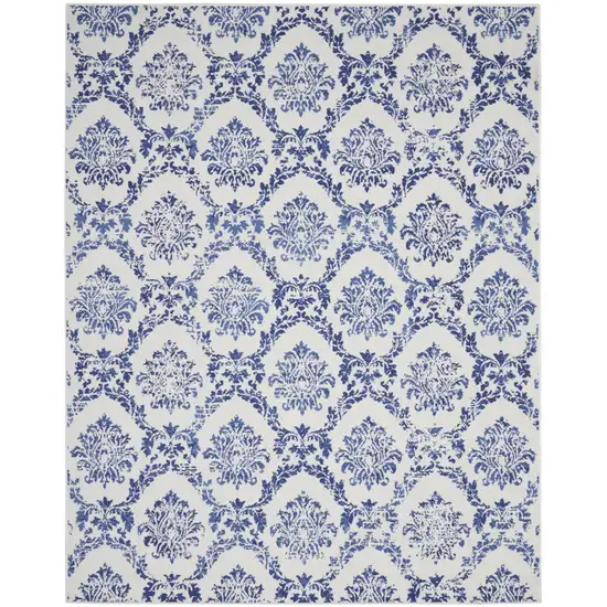 Ivory and Navy Blue Damask Distressed Non Skid Area Rug Photo 2